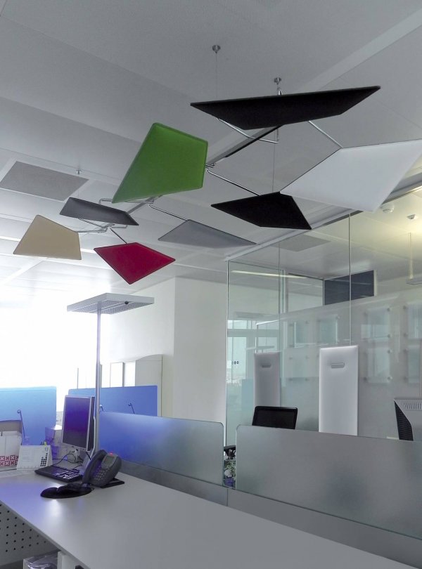 Flap-Ceiling-Mounted-Suspended-Acoustic-Panels-with-Adjustable-Hinges