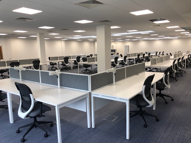 White Bench Desking with Grey Screens