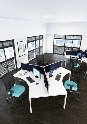 Mesa-Bench-Desks-120-Degree-Workstation-Cluster-White-In-Modern-Office