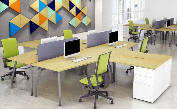 Script Desks with Storage and Grey Screens In Office Set Up