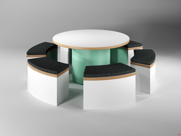 Jive-Canteen-Furniture-Circular-Tables-and-Benching-with-Upholstered-Seat-Pads