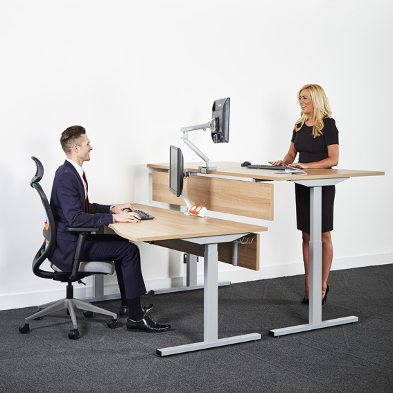 Two-People-Using-Rise-Electrical-Height-Adjustable-Desks-One-Sitting-One-Standing